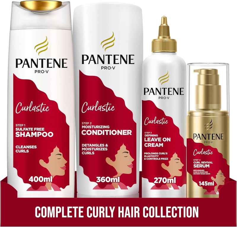 Pantene Pro-V Curlastic Curly Hair Sulfate-Free Shampoo 400ml + Deep Moisturizing Conditioner 360ml + Defining & Anti-Frizz Leave-On Cream 270ml + Curl Revival Serum for Non-Wash Days 145ml - Image 1