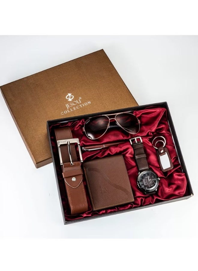 JESOU 6-in-1 Deluxe Gift Set: Sunglasses, Belt, Wallet, Keychain, Signature Pen, and Large Dial Quartz Watch. - Image 1