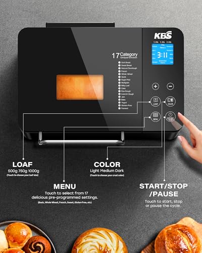 KBS Premium Convection Bread Maker Dual Heater, 17-in-1 Stainless Steel Bread Machine Ceramic Pan, Nut Dispenser,Touch Panel,2lb Loaf 3 Sizes 3 Crust Colors,Gluten-Free,Sourdough,Jam,Yogurt,53 Recipes - Image 2