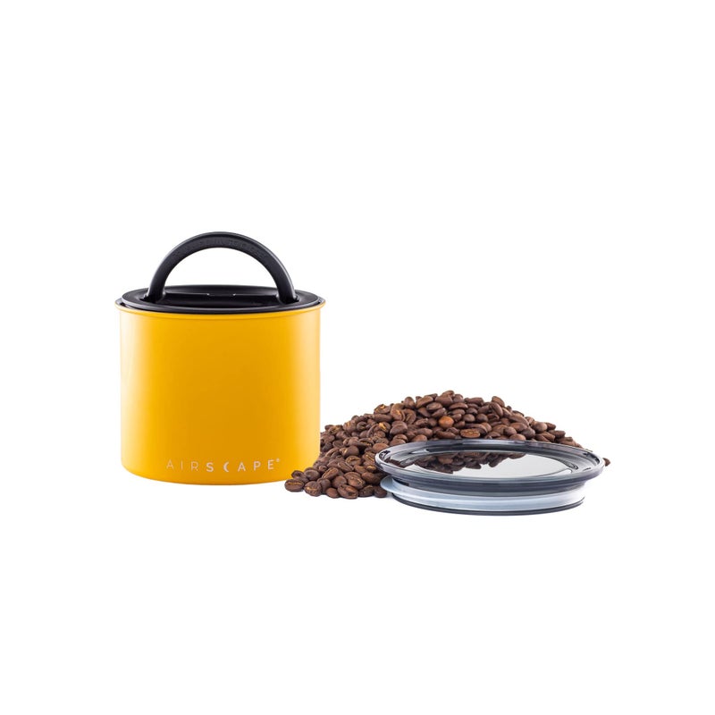 Planetary Design Airscape Stainless Steel Coffee Canister  Food Storage Container  US Patented Airtight Lid  Push Out Excess Air Preserve Food Freshness Small Matte Yellow