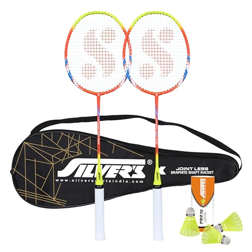 Silvers Silver's Graphite Shaft Jointless Phantom Badminton Kit (2 Racquets with Full Cover, 1 Box Nylon Shuttlecock Pack of 3)(Orange/Yellow) - Image 1