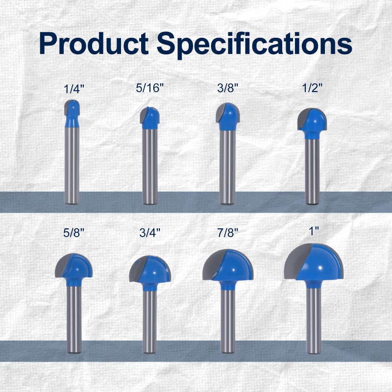 KOWOOD 8Pcs Core Box Router Bits 1/4 Inch Shank, Round Nose Router Bit 2 Flutes, Carbide Cove Box Cutter for Woodworking Cutter Tool, Cutting Diameter 1/4" 5/16" 3/8" 1/2" 5/8" 3/4" 7/8" 1" - Image 2