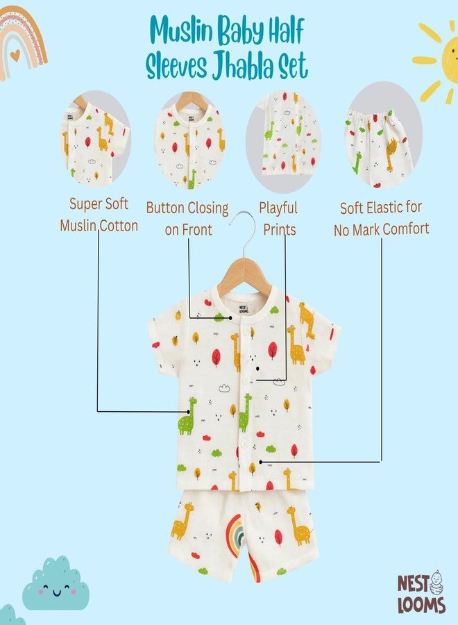 Nestlooms Muslin Cotton Half Sleeves Jabla & Short Set, Breathable & Light weight, Regular Fit 100% Cotton Half Sleeve Jhabla & Shorts, (Giraffe Safari, 3-6 Months) - Image 3