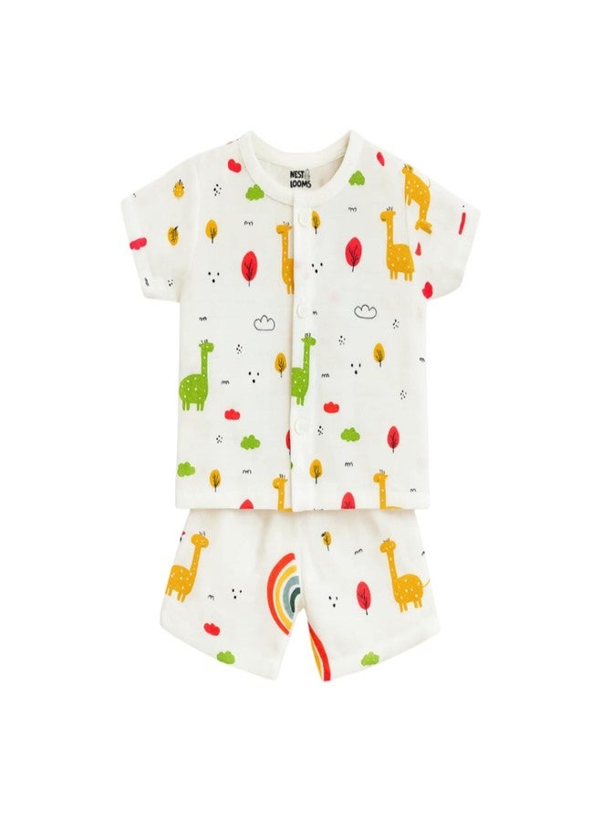 Nestlooms Muslin Cotton Half Sleeves Jabla & Short Set, Breathable & Light weight, Regular Fit 100% Cotton Half Sleeve Jhabla & Shorts, (Giraffe Safari, 3-6 Months) - Image 1