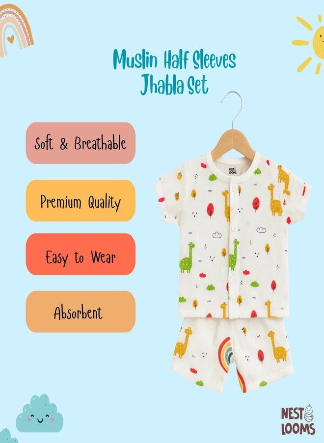 Nestlooms Muslin Cotton Half Sleeves Jabla & Short Set, Breathable & Light weight, Regular Fit 100% Cotton Half Sleeve Jhabla & Shorts, (Giraffe Safari, 3-6 Months) - Image 4