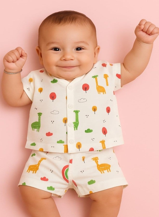 Nestlooms Muslin Cotton Half Sleeves Jabla & Short Set, Breathable & Light weight, Regular Fit 100% Cotton Half Sleeve Jhabla & Shorts, (Giraffe Safari, 3-6 Months) - Image 2