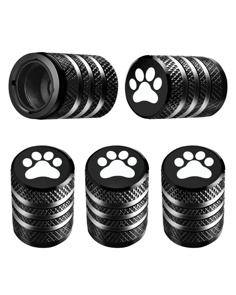 Tire Valve Stem Caps Cover 5 Pack Tire Air Caps Metal with Plastic Liner Corrosion Resistant LeakProof Dog Paw Print for Car Truck Motorcycle Bike Black