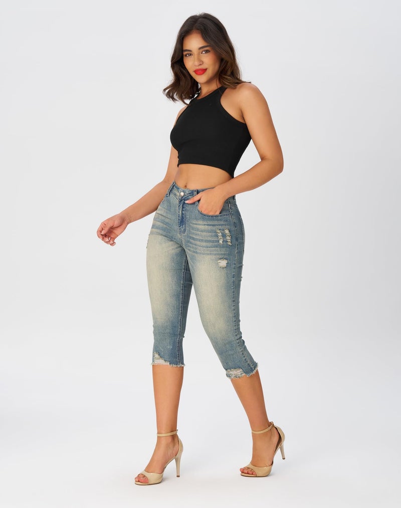 roswear Women's Capri Pants Mid Rise Skinny Ripped Stretchy Cropped Distressed Jeans Vintage Blue Large - Image 3