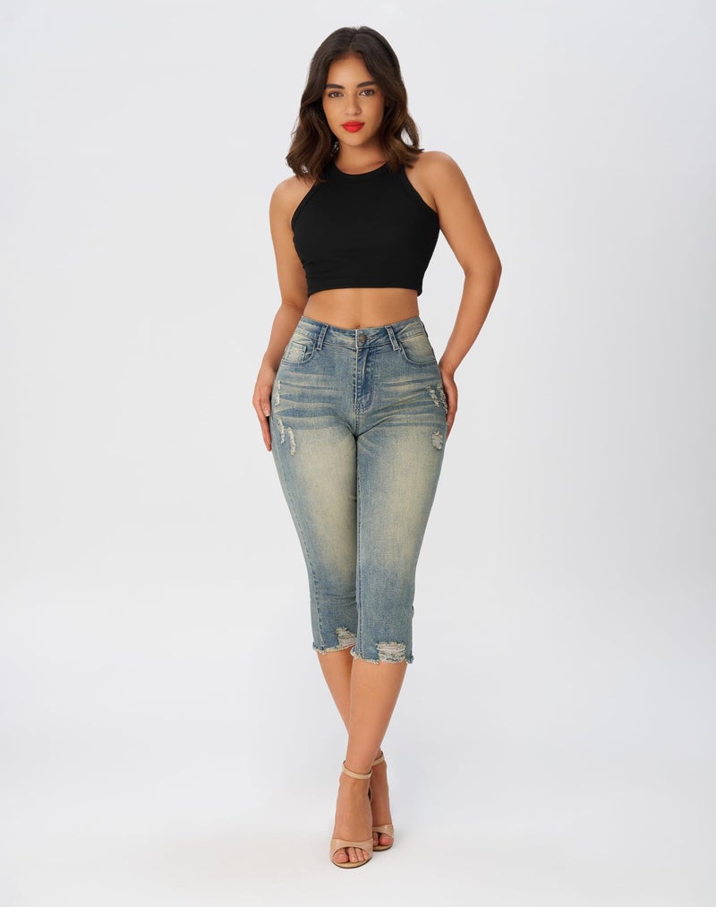 roswear Women's Capri Pants Mid Rise Skinny Ripped Stretchy Cropped Distressed Jeans Vintage Blue Large - Image 2