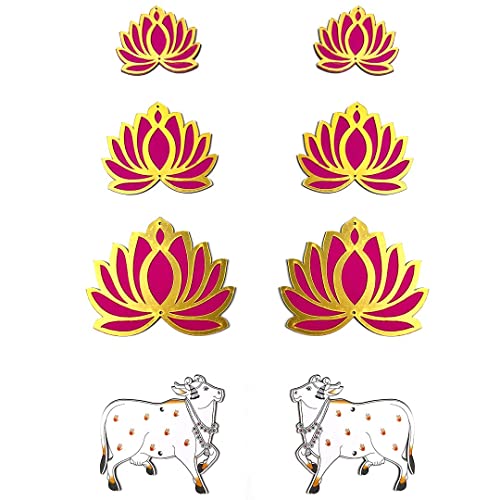 Adikala Pichwai Cow MDF Cutout & Pink Color Acrylic Lotus Flower Cutout for DIY Craft | Design for Diwali | Dussehra | Rangoli | Pooja | Festival Gift | Wedding Decorations_(Set of 16) - Image 2