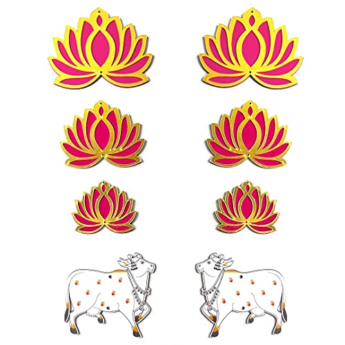 Adikala Pichwai Cow MDF Cutout & Pink Color Acrylic Lotus Flower Cutout for DIY Craft | Design for Diwali | Dussehra | Rangoli | Pooja | Festival Gift | Wedding Decorations_(Set of 16) - Image 1