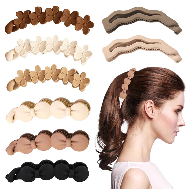 Heogacinlia 8 Pcs Bow Banana Clips Flower Banana Hair Clip Wavy Shape Large Claw Clips Matte Strong Hold Ponytail Holder Barrettes Styling Accessories for Women Girls Thick Thin Hair - Image 2