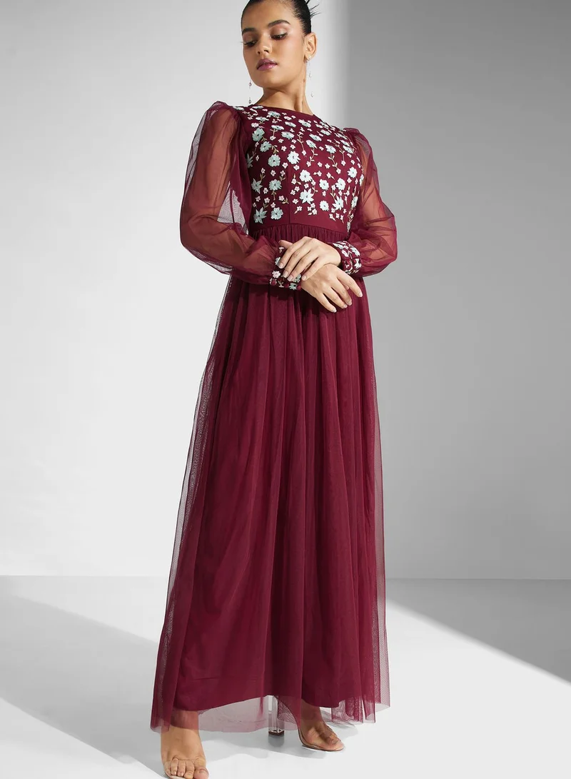 Lace and Beads Embroidered Mesh Tiered Dress