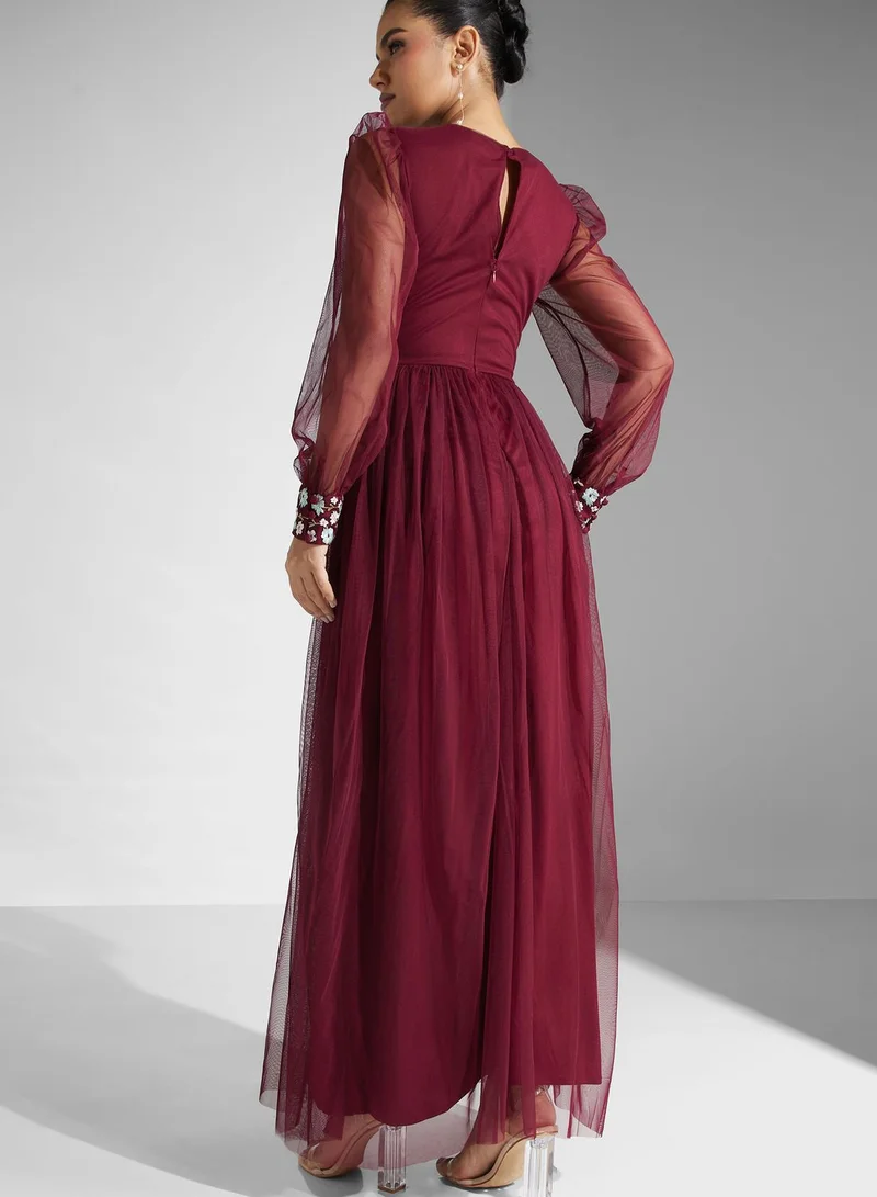 Lace and Beads Embroidered Mesh Tiered Dress