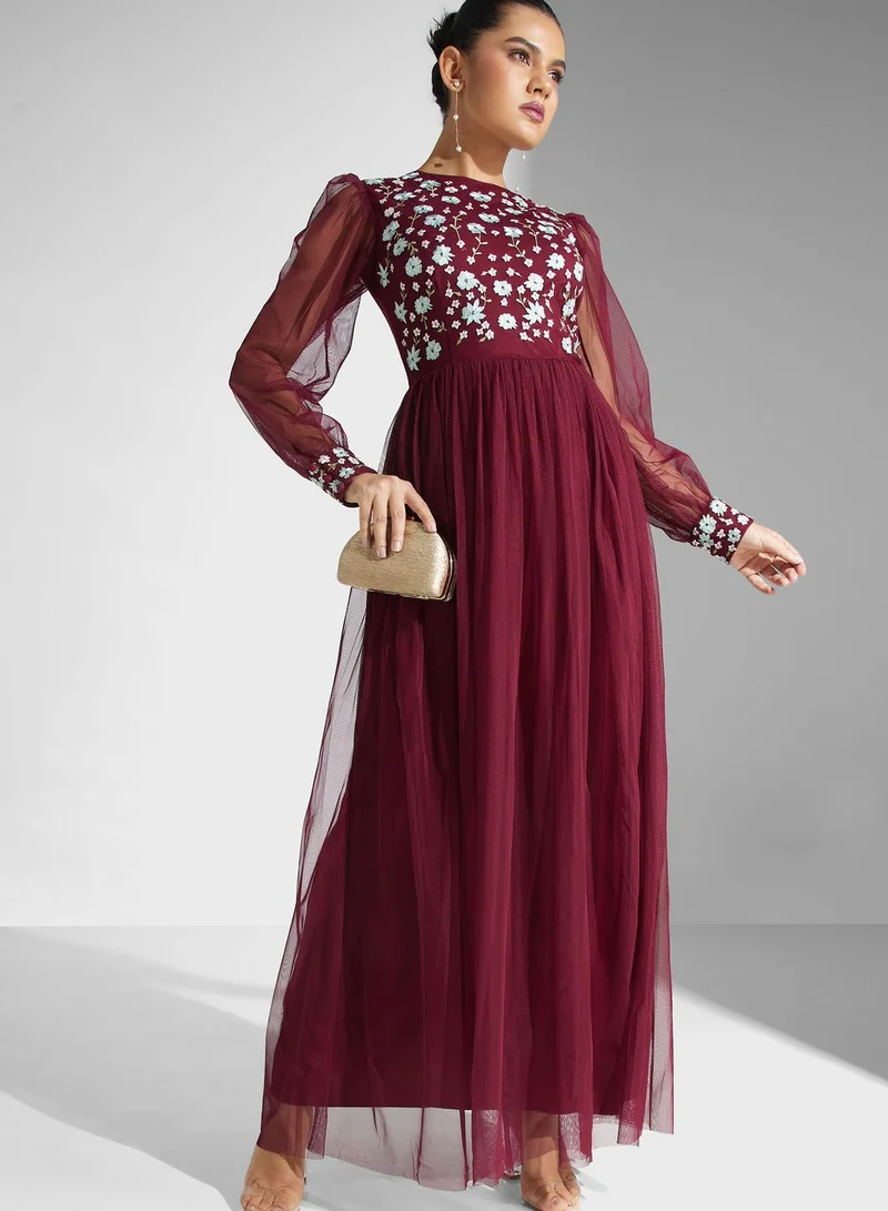 Lace and Beads Embroidered Mesh Tiered Dress