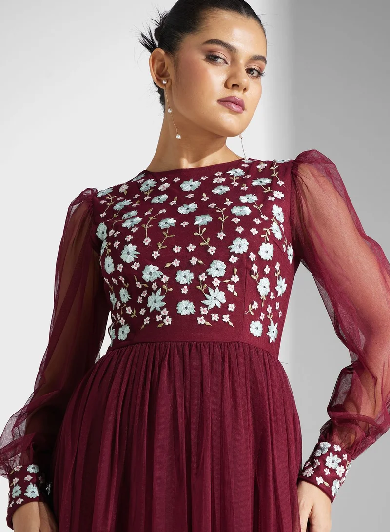 Lace and Beads Embroidered Mesh Tiered Dress