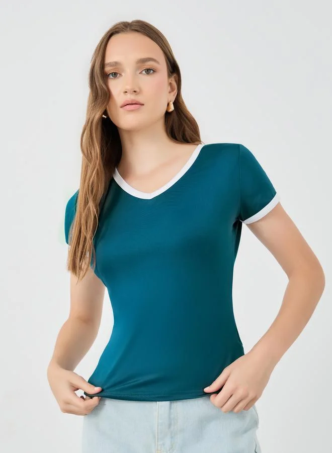 ستايلي Styli Solid V-Neck Short Sleeve T-Shirt