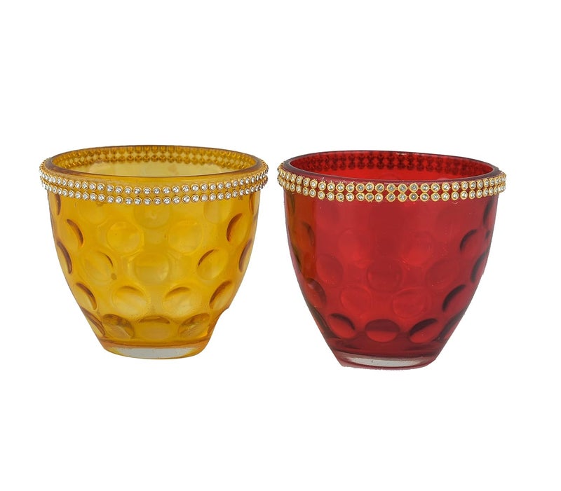 OGGN Decorative Votive Glass Tealight Candle Holders Set of 2 Colorful TLight Holder Round Votives Diwali Decoration Items Christmas Tealights Ideal for Centerpiece Festive Dcor Pack of 2 - Image 5