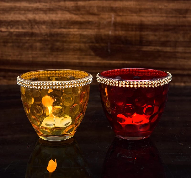OGGN Decorative Votive Glass Tealight Candle Holders Set of 2 Colorful TLight Holder Round Votives Diwali Decoration Items Christmas Tealights Ideal for Centerpiece Festive Dcor Pack of 2 - Image 1