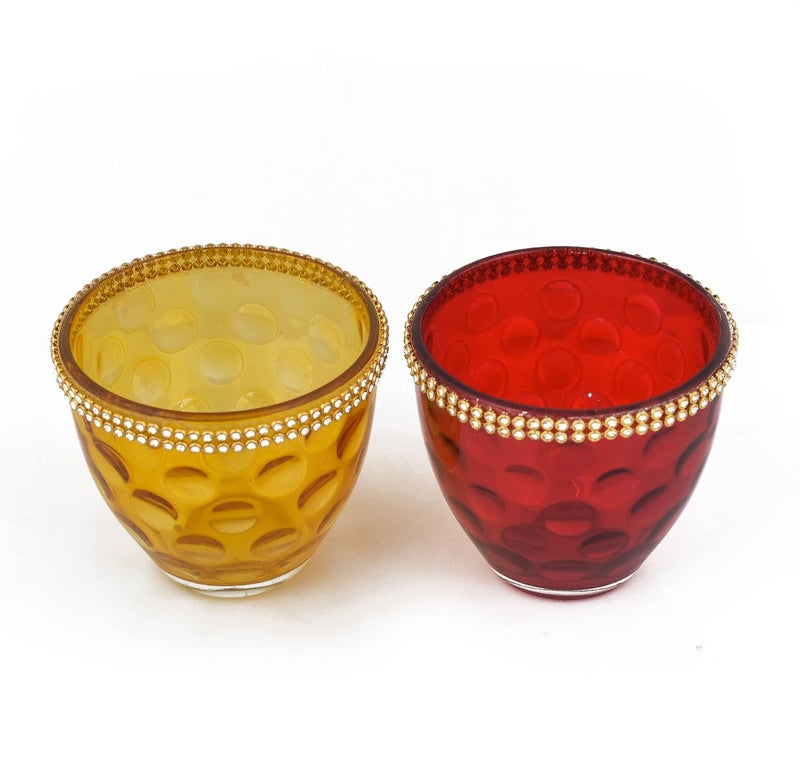 OGGN Decorative Votive Glass Tealight Candle Holders Set of 2 Colorful TLight Holder Round Votives Diwali Decoration Items Christmas Tealights Ideal for Centerpiece Festive Dcor Pack of 2 - Image 2
