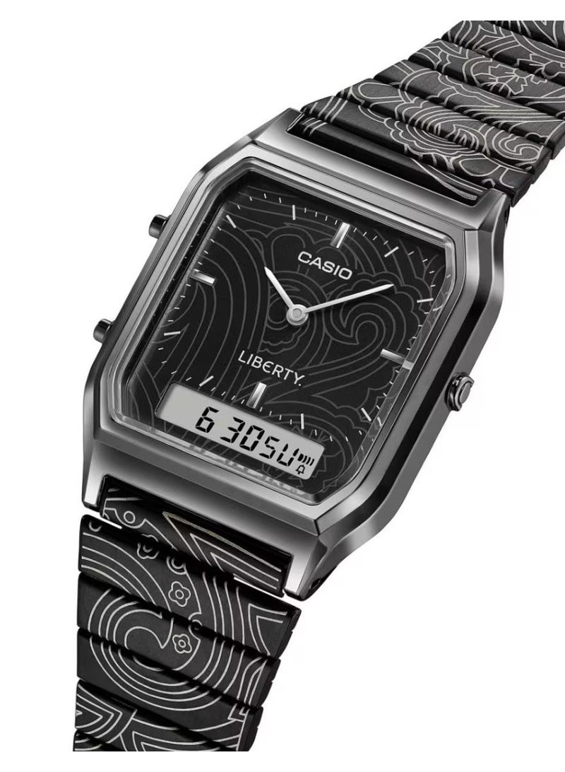 CASIO Limited Edition Vintage Liberty Collaboration Analog-Digital Unisex Watch AQ-230EBLT-1A, 29.8 mm Black Resin Chrome-Plated Case & Stainless Steel Band, 30 m WR - Image 1