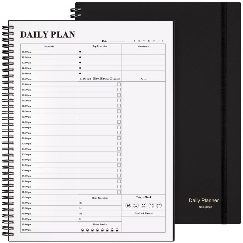 ASTEN Planner Undated, Asten Daily Planner Agenda with To Do List, Hourly Schedules for Women and Men, Spiral Appointment Book with Elastic Closure, Inner Pocket 8.5" x 11" (Black) - Image 1