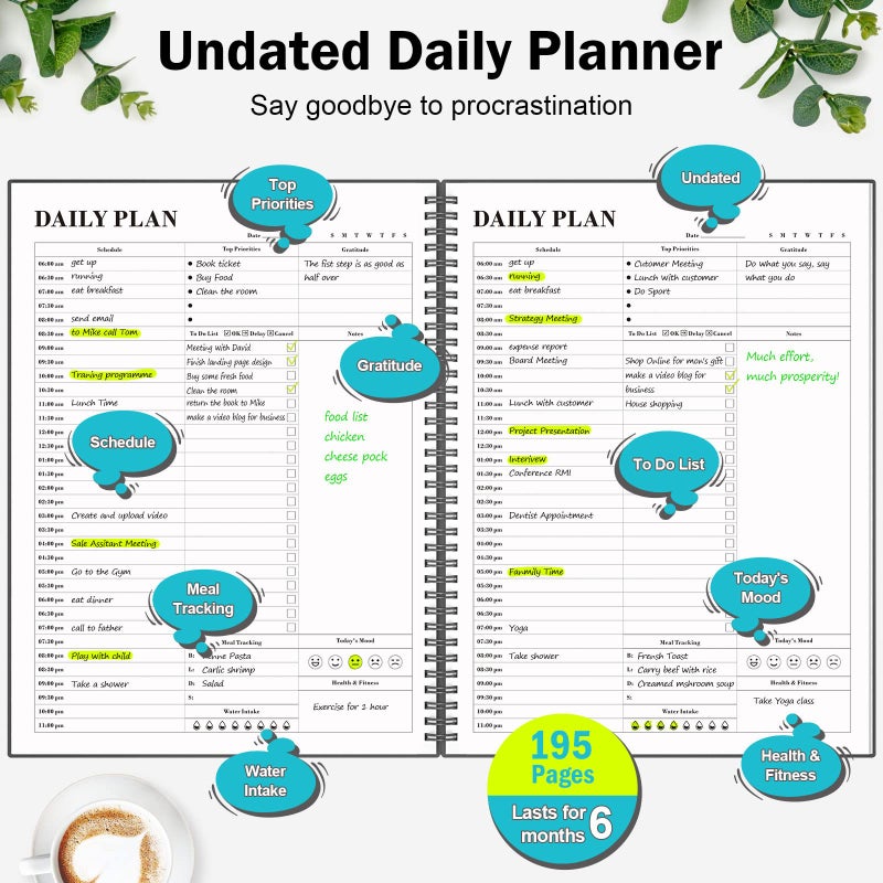 ASTEN Planner Undated, Asten Daily Planner Agenda with To Do List, Hourly Schedules for Women and Men, Spiral Appointment Book with Elastic Closure, Inner Pocket 8.5" x 11" (Black) - Image 2