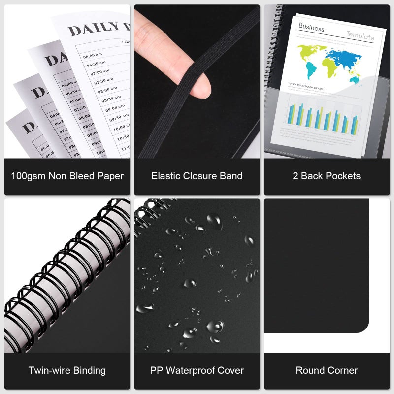 ASTEN Planner Undated, Asten Daily Planner Agenda with To Do List, Hourly Schedules for Women and Men, Spiral Appointment Book with Elastic Closure, Inner Pocket 8.5" x 11" (Black) - Image 5