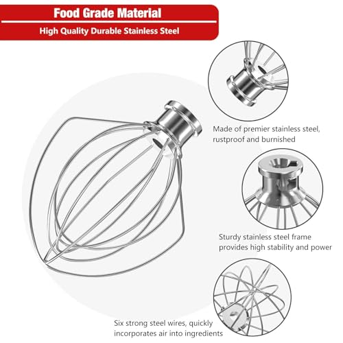 XINCAN K45WW Stainless Steel 6-Wire Whip Attachment for KitchenAid Tilt-Head Stand Mixer 4.5-5 Quart Bowl, Stainless Steel Whisk Replacement for Kitchen Aid Mixer, Dishwasher Safe, Egg Heavy Cream Beater - Image 2