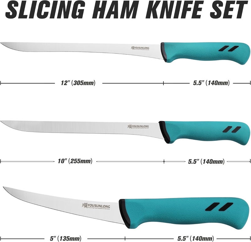 YOUSUNLONG Ham Slicing Knife Boning Knife 3-Piece Set - Premium High-carbon Molybdenum Steel Blade of 5" 10" 12" - Spanish Style Meat and Ham Slicer - Ergonomic & Non-slip Handle - Image 2
