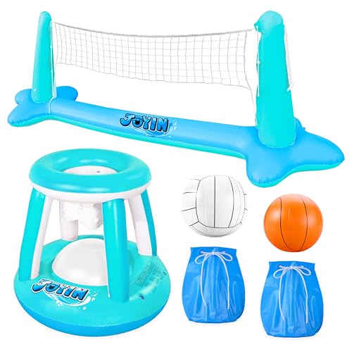 JOYIN XL Inflatable Pool Float Set 125 Volleyball Net Basketball Hoops Extra Large Floating Swimming Game Toy for Kids and Adults Summer Floaties Volleyball CourtBasketball XLBlue Cyan - Image 1