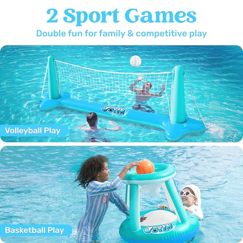 JOYIN XL Inflatable Pool Float Set 125 Volleyball Net Basketball Hoops Extra Large Floating Swimming Game Toy for Kids and Adults Summer Floaties Volleyball CourtBasketball XLBlue Cyan - Image 5
