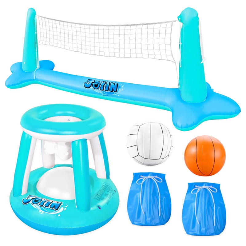 JOYIN XL Inflatable Pool Float Set 125 Volleyball Net Basketball Hoops Extra Large Floating Swimming Game Toy for Kids and Adults Summer Floaties Volleyball CourtBasketball XLBlue Cyan - Image 2