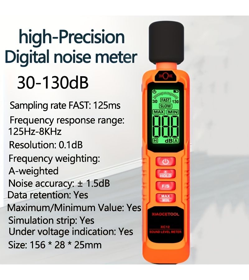 Orange 30 To 130 Db High Precision Sound Level Meter With Capacitive Microphone Dual Mode Selection Compact Portable LED Large Screen Display Data Hold Function For Office Road Traffic Construction Site - Image 4