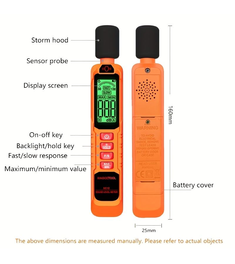 Orange 30 To 130 Db High Precision Sound Level Meter With Capacitive Microphone Dual Mode Selection Compact Portable LED Large Screen Display Data Hold Function For Office Road Traffic Construction Site - Image 5