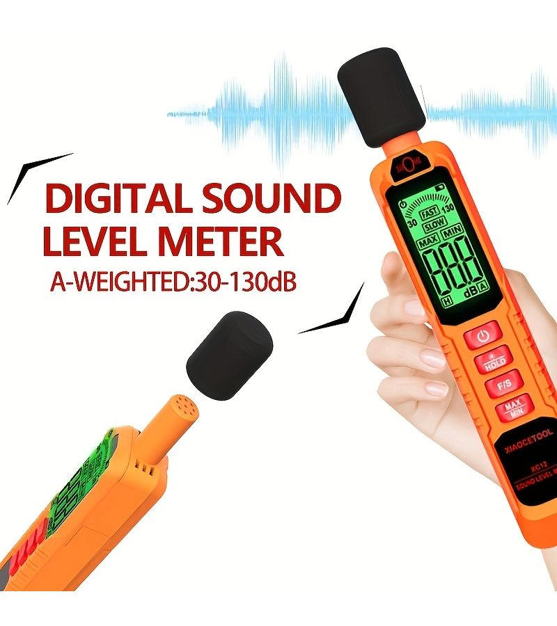 Orange 30 To 130 Db High Precision Sound Level Meter With Capacitive Microphone Dual Mode Selection Compact Portable LED Large Screen Display Data Hold Function For Office Road Traffic Construction Site - Image 3