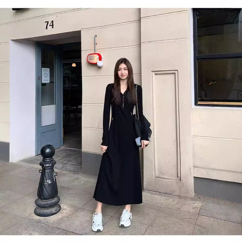 High-end feeling super good-looking temperament French dress slim slim black casual hooded sweater dress womens spring Black - Image 2