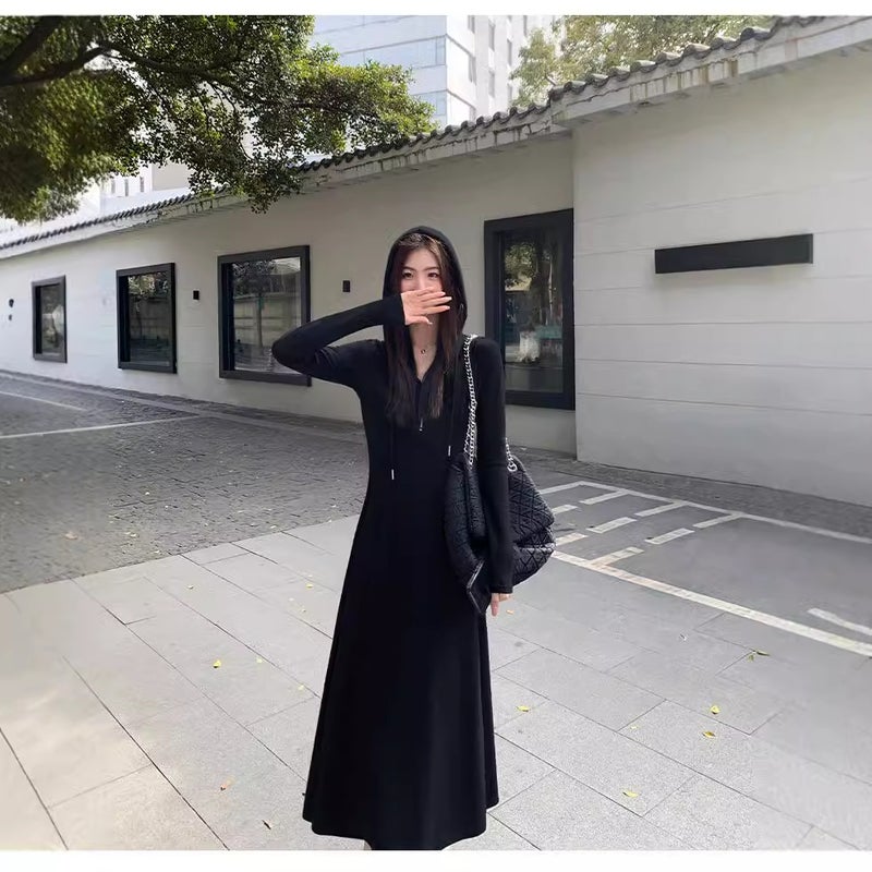 High-end feeling super good-looking temperament French dress slim slim black casual hooded sweater dress womens spring Black - Image 5
