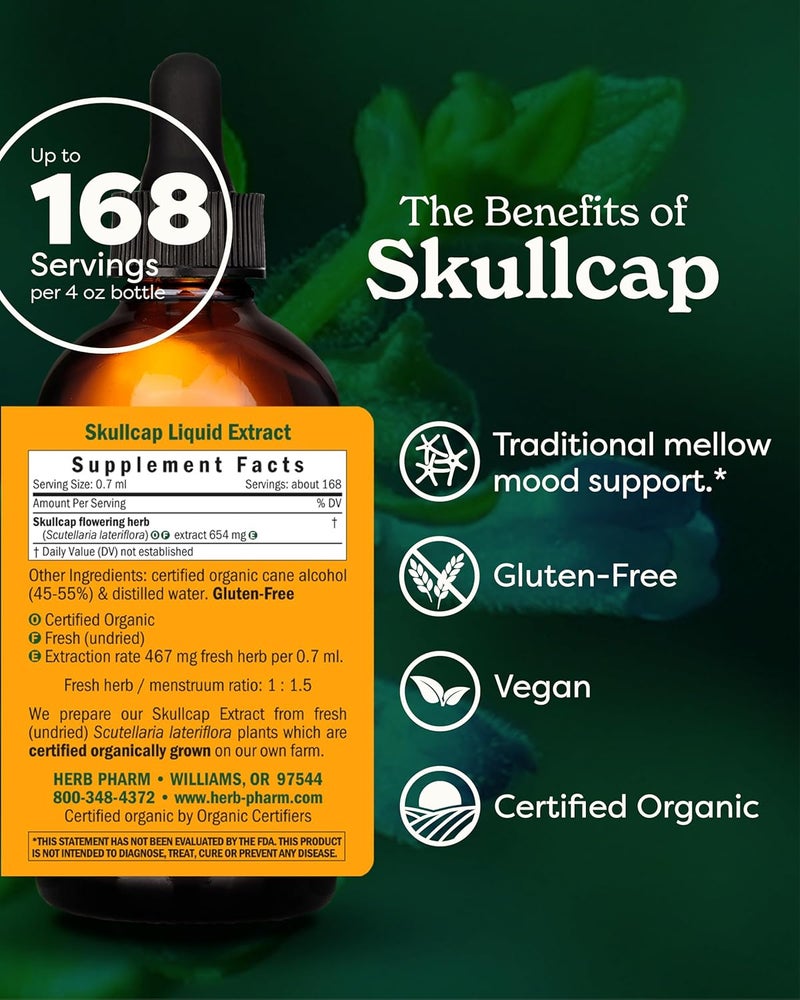 Herb Pharm Certified Organic Skullcap Liquid Extract for Nervous System Support Organic Cane Alcohol 4 Ounce - Image 2
