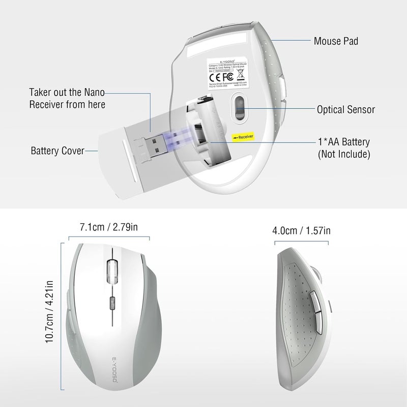 E-YOOSO Wireless Mouse for Laptop, Portable Optical Computer Mouse, 6 Buttons, Cordless 2.4GHz with USB Receiver, 5-Level 4800 DPI, 18 Months Battery Life, for PC, Chromebook, Windows, Mac(White Gray) - Image 5
