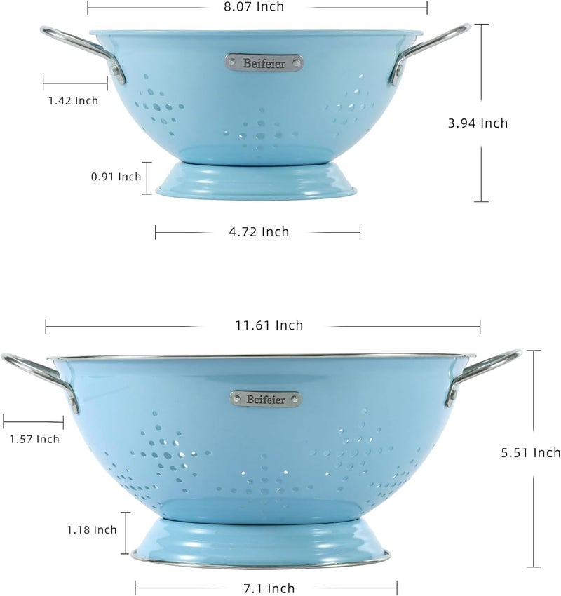 BeFare Metal Colander 2 Pack, Strainer Bowel with Handles 2Qt & 6Qt Powder Coated Solid Ring Base Heavey Duty Kitchen Drainer Basket for Pasta Veggies and Fruits,New Home Apartment Essentials (ArcticBlue) - Image 2