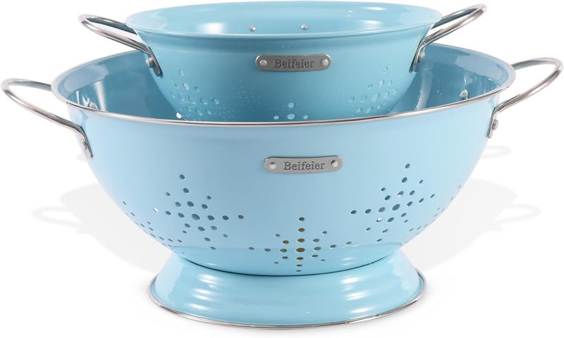 BeFare Metal Colander 2 Pack, Strainer Bowel with Handles 2Qt & 6Qt Powder Coated Solid Ring Base Heavey Duty Kitchen Drainer Basket for Pasta Veggies and Fruits,New Home Apartment Essentials (ArcticBlue) - Image 1