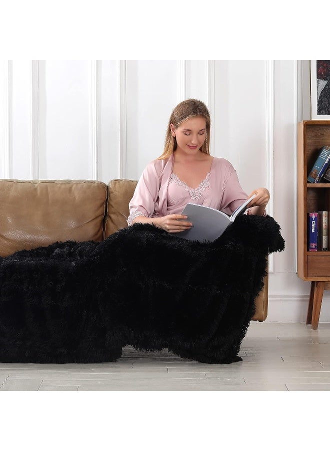 Tuddrom Decorative Extra Soft Faux Fur Throw Blanket 50" x 60",Reversible Fuzzy Long Hair Shaggy Throw Blankets, Fluffy Cozy Plush Fleece Comfy Microfiber Fur Blanket for Couch Sofa Bed, Black - Image 3