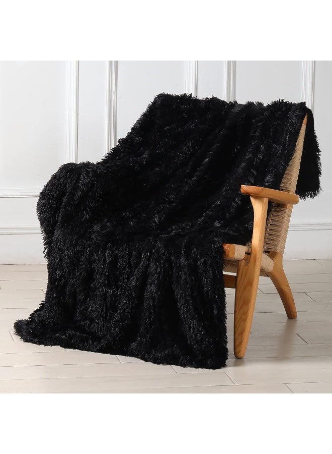 Tuddrom Decorative Extra Soft Faux Fur Throw Blanket 50" x 60",Reversible Fuzzy Long Hair Shaggy Throw Blankets, Fluffy Cozy Plush Fleece Comfy Microfiber Fur Blanket for Couch Sofa Bed, Black - Image 1