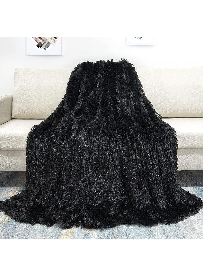 Tuddrom Decorative Extra Soft Faux Fur Throw Blanket 50" x 60",Reversible Fuzzy Long Hair Shaggy Throw Blankets, Fluffy Cozy Plush Fleece Comfy Microfiber Fur Blanket for Couch Sofa Bed, Black - Image 2