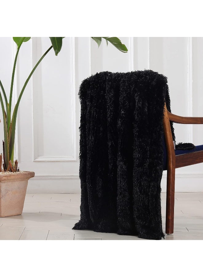 Tuddrom Decorative Extra Soft Faux Fur Throw Blanket 50" x 60",Reversible Fuzzy Long Hair Shaggy Throw Blankets, Fluffy Cozy Plush Fleece Comfy Microfiber Fur Blanket for Couch Sofa Bed, Black - Image 5