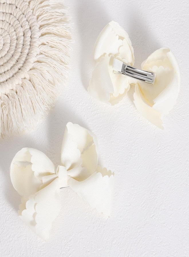 Miroksh Off White Grosgrain Ribbon Hair Bows for Girls, 4" Handmade Scalloped Bow Hair Barrettes for Teen Toddler Women Wedding Back School Birthday Party Dress Accessory Gift of 2 - Image 2