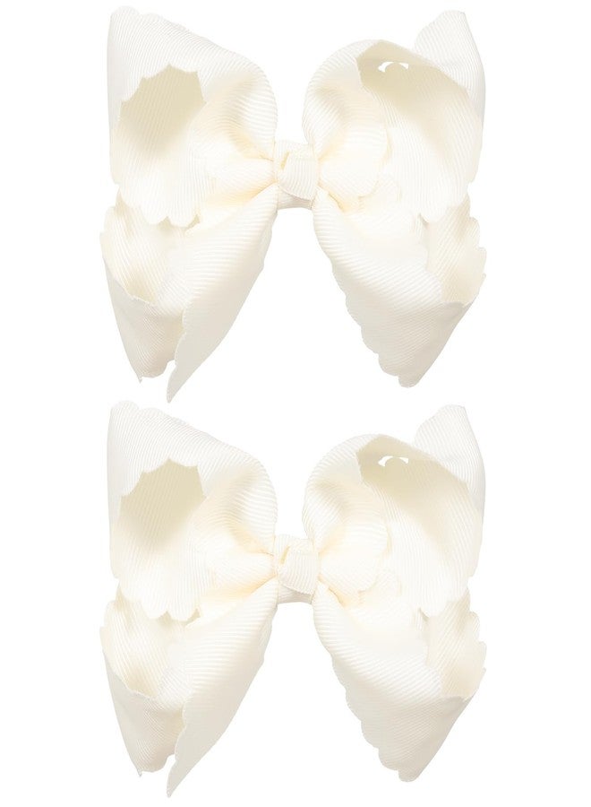 Miroksh Off White Grosgrain Ribbon Hair Bows for Girls, 4" Handmade Scalloped Bow Hair Barrettes for Teen Toddler Women Wedding Back School Birthday Party Dress Accessory Gift of 2 - Image 1