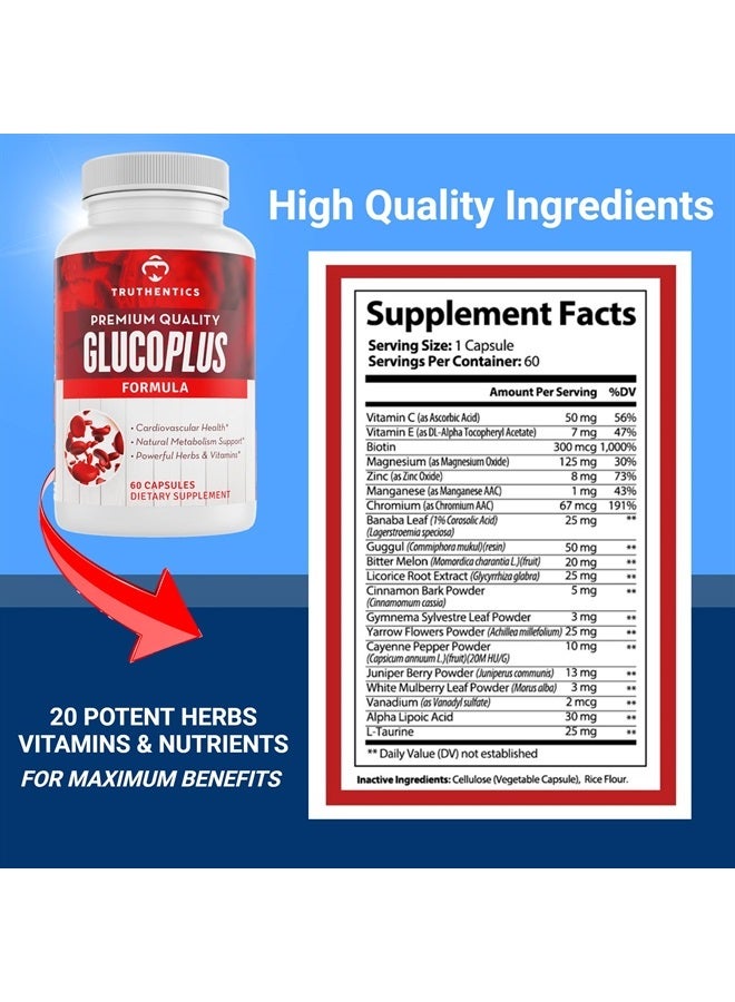 TRUTHENTICS جلوكوبلس - 20 عشبة، فيتامينات ومعادن مع القرفة، الكروم، حمض ألفا ليبويك، المغنيسيوم - خالي من الجلوتين، غير معدل وراثيًا - 60 كبسولة - Image 2