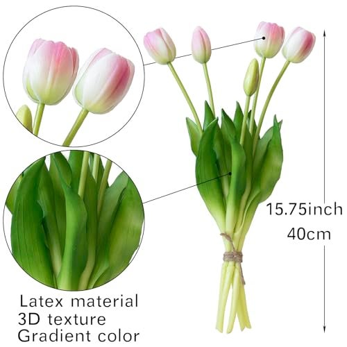 DUYONE 40pcs Artificial Tulips Flowers Latex BouquetFake Tulips for Office Wedding Party Home Kitchen Garden DecorationB Peach Pink Set - Image 3